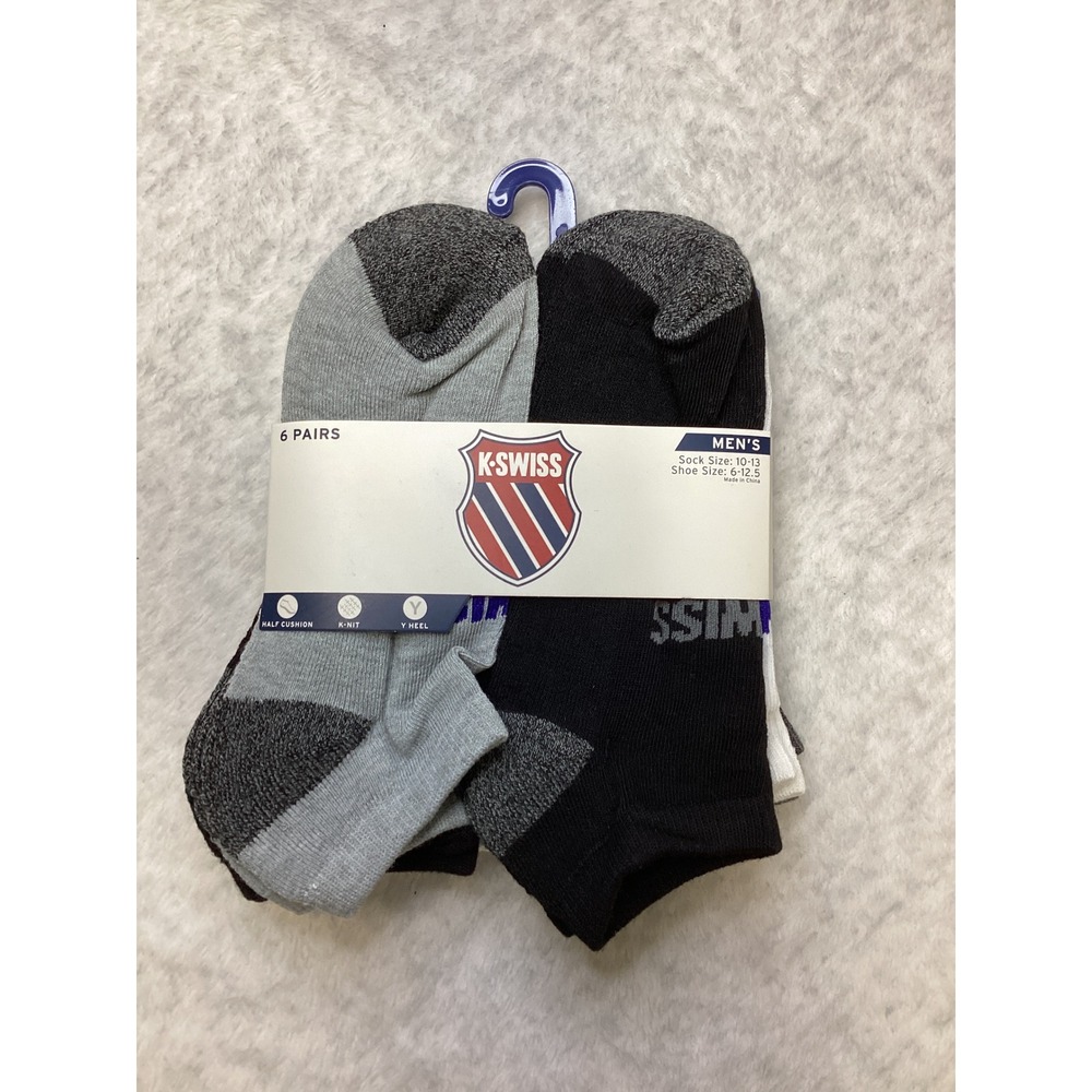 K-Swiss Mens 6 Pair Low Cut Ankle Socks Black White Grey Size 10-13 PK9307‎